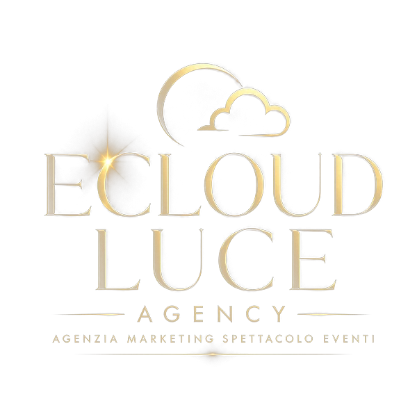Logo Ecloud Luce Agency, oro su nero, nuvola sopra mezza luna